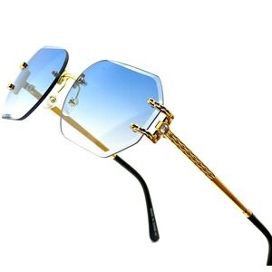 Rimless Men Sunglasses Fashion Octagon Lens Gold Frame Blue Tint Street Wear New